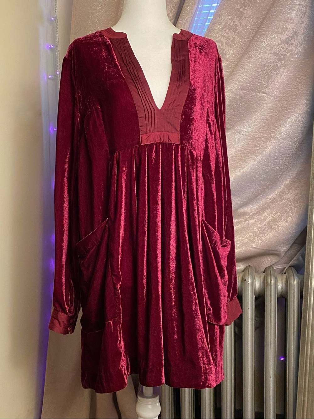 Free People Velvet V-Neck Tunic Dress in Deep Wine XS